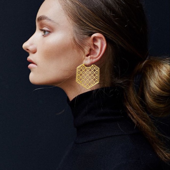 TORY BURCH • Gold Perforated Hoop Earrings - Picture 2 of 4